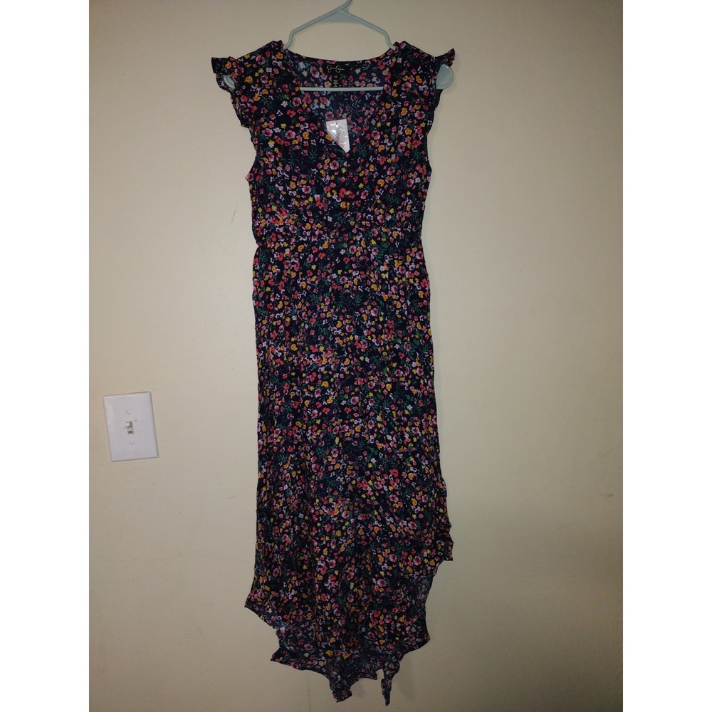 Jessica Simpson Womens XS Floral High-Low Faux Wrap Dress Navy Blue Ruffle Trim